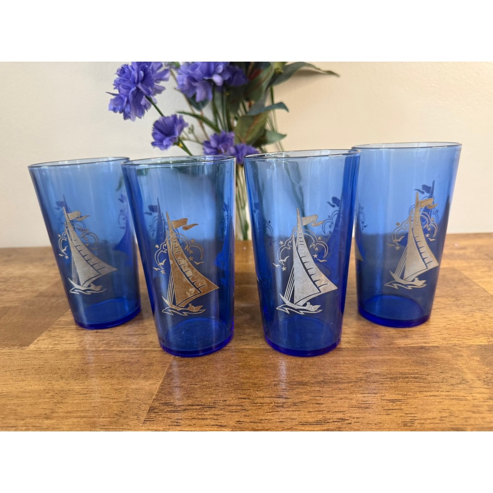 Hazel Atlas Fancy Ships Cobalt Blue Tumblers Sportsman Series Set Nautical Bar